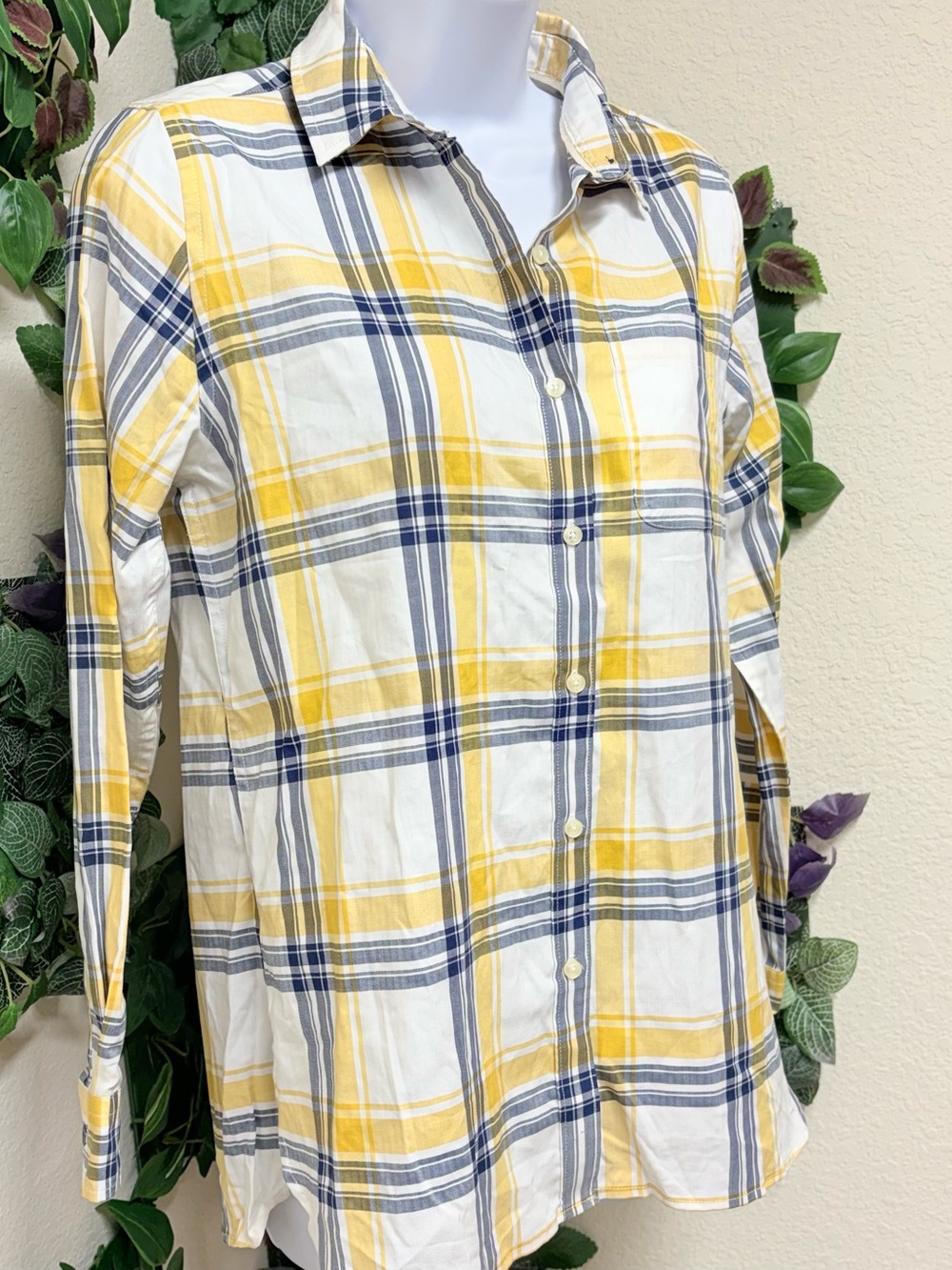 Barbour Newton Plaid Button Down Shirt Yellow Navy Preppy Coastal Size 4 - Picture 8 of 9